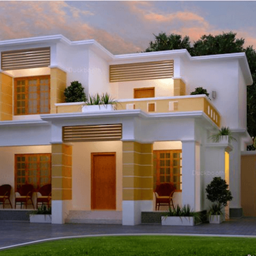 Modern two-story house with warm lighting and contemporary architecture